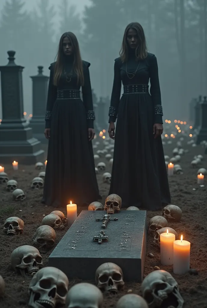 Two Nordic women , with black dresses ,  long, fitted plates  ,  burial in a cemetery , skulls lying in a grave , Lots of skulls and candles around 