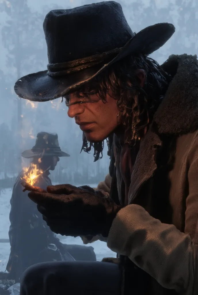 **Pose:** Gabriel lights a cigarette, holding a match close to his face. His gloved hand is steady, and his head tilts slightly down, shadowing his gray eyes under the brim of his worn hat. Loose strands of dark hair fall across his rugged face.   He has m...