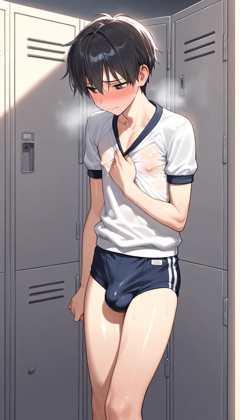 ((best quality)), ((Masterpiece)), (Details), 1boy, solo, (((male))), gym uniform, buruma, black hair, middle chest, erect nipples, slender, gleaming skin, (((bulge))), aroused, in heat, embarrassed, locker room, nsfw