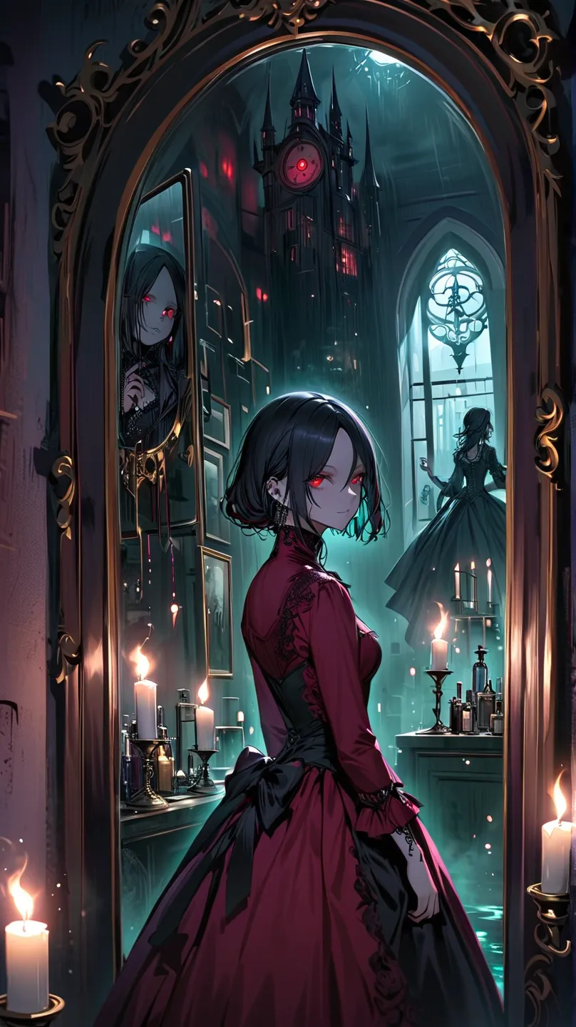 A dimly lit Victorian laboratory, filled with eerie greenish light from bubbling chemical flasks. A beautiful woman in an elegant deep-red Victorian gown stands before a large mirror. Her reflection, however, is not her own—it is a monstrous, shadowy versi...