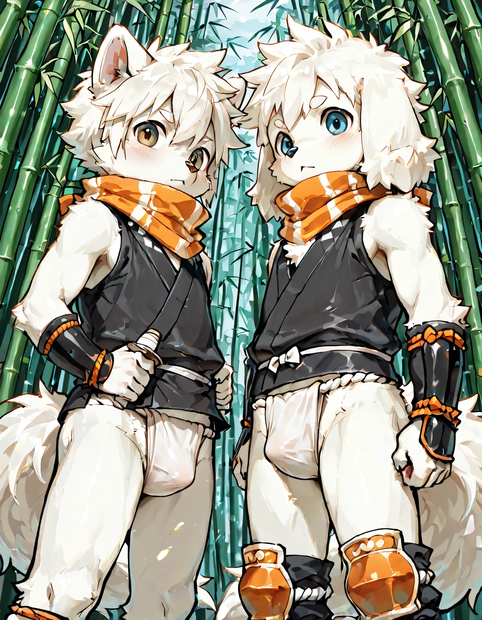 kemoshota furry boys,  best quality,best resolution,(fluffy anthro furry :1.6),(young :1.6), 2 boys, white dog boy, short-height, dynamic angle, scarf, tail, ninja boys, shugyo, bamboo woods, fundoshi, furry ears, close-up fundoshi, from dogs point of view...