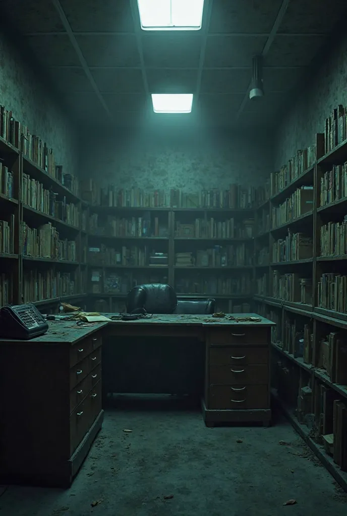 background: Office space with shelves, documents, phone .
	• Police Department photo (London Road Police Station).  deserted 