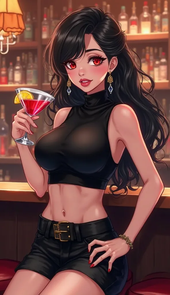 Anime, a rich lady wearing a black tight sleeveless crop top and a black short. her hair is black long and wavy, adorned with earrings. her eyes are red, and has an eyeliner her lips have a pinkish lipstick. she's about 18 to 20 years of age. the backgroun...