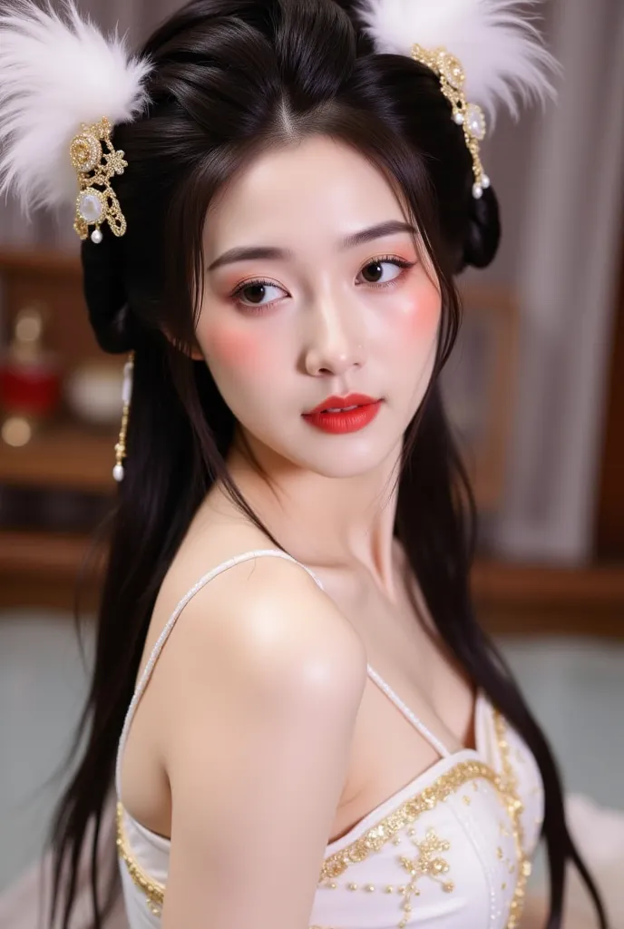 A young woman with elegant and traditional styling. She has long, dark hair adorned with intricate accessories featuring white feathers and golden embellishments. Her makeup is soft, with a rosy blush and red lips that complement her graceful appearance. S...