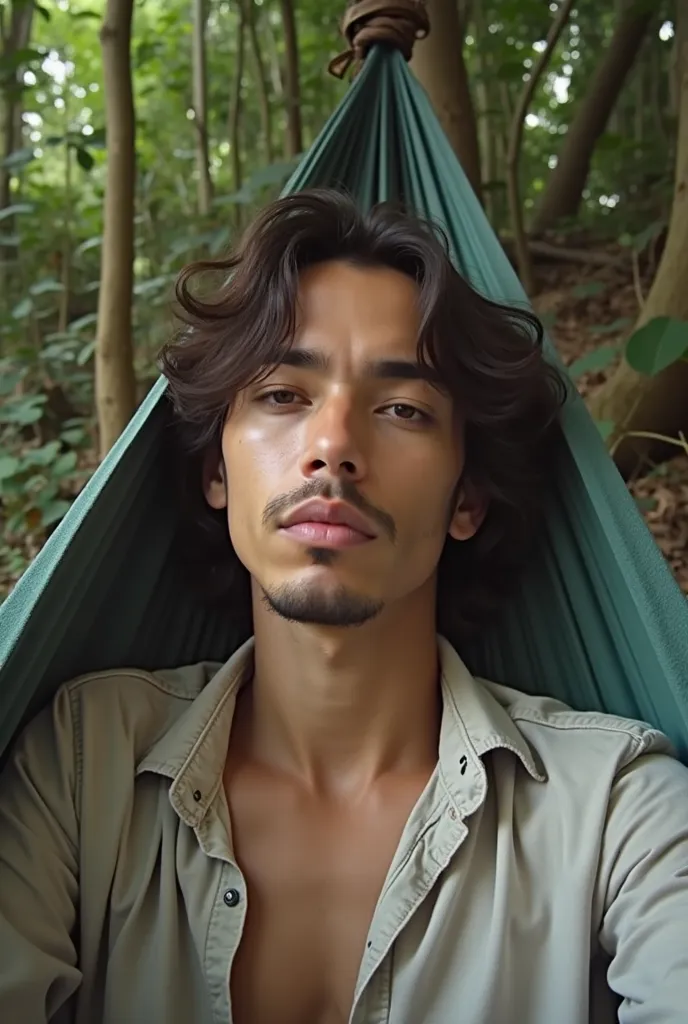 there is a man laying in a hammock with a shirt on, a picture inspired by Fernando Amorsolo, tumblr, sumatraism, help me, 3 0 years old woman, 30 years old woman, very full lips, frontal shot, selfie photo, full lips, in jungle, 2 , with mouth open, 2 , 1 