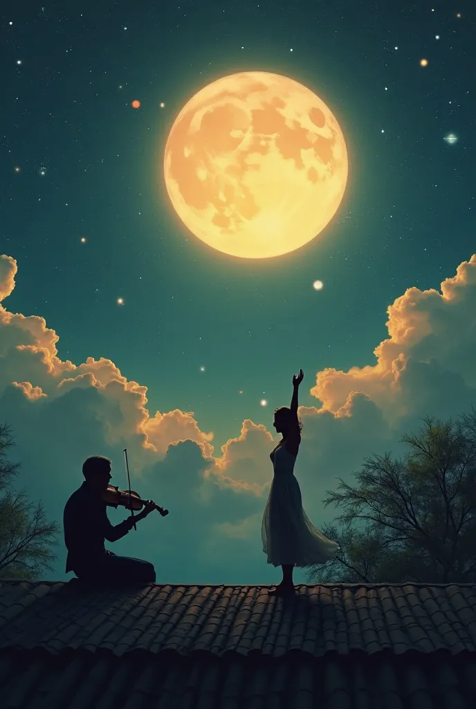 A surreal night scene featuring a large, glowing full moon in the center of the sky, surrounded by soft clouds. A silhouette of a man sits on the edge of a rooftop, playing the violin, while a silhouette of a woman dances gracefully with one arm raised. Th...