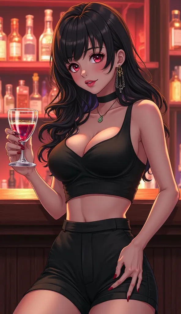 Anime, a rich lady wearing a black tight sleeveless crop top and a black short. her hair is black long and wavy, adorned with earrings. her eyes are red, and has an eyeliner her lips have a pinkish lipstick. she's about 18 to 20 years of age. the backgroun...