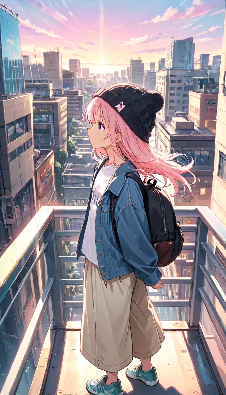 ((best quality)), ((masterpiece)), ( details), A age girl wearing a denim jacket over a simple white T-shirt, paired with beige wide pants and sneakers. She stands on a pedestrian bridge, gazing into the distance as the soft spring breeze tousles her hair....