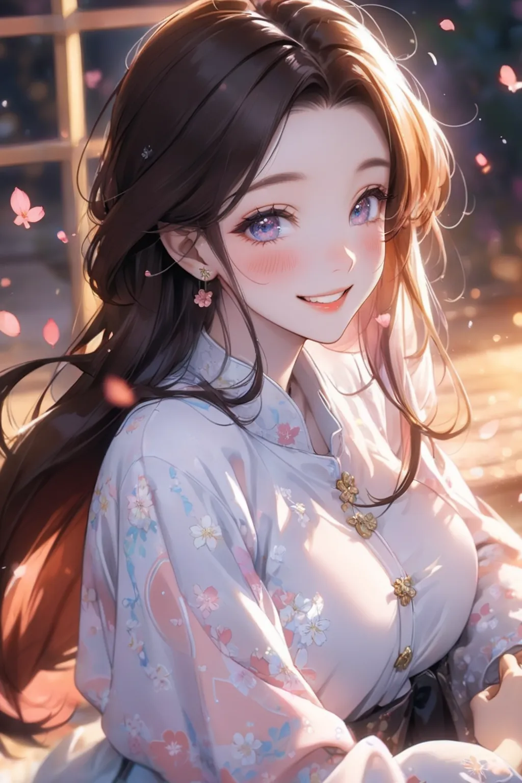 Beautiful facial features,  Exquisite eyes,detailed,(kindness:1.3),(soft focus:1.4),kawaii,bright,blush,shiny,smile,good hands,teeth,sakura