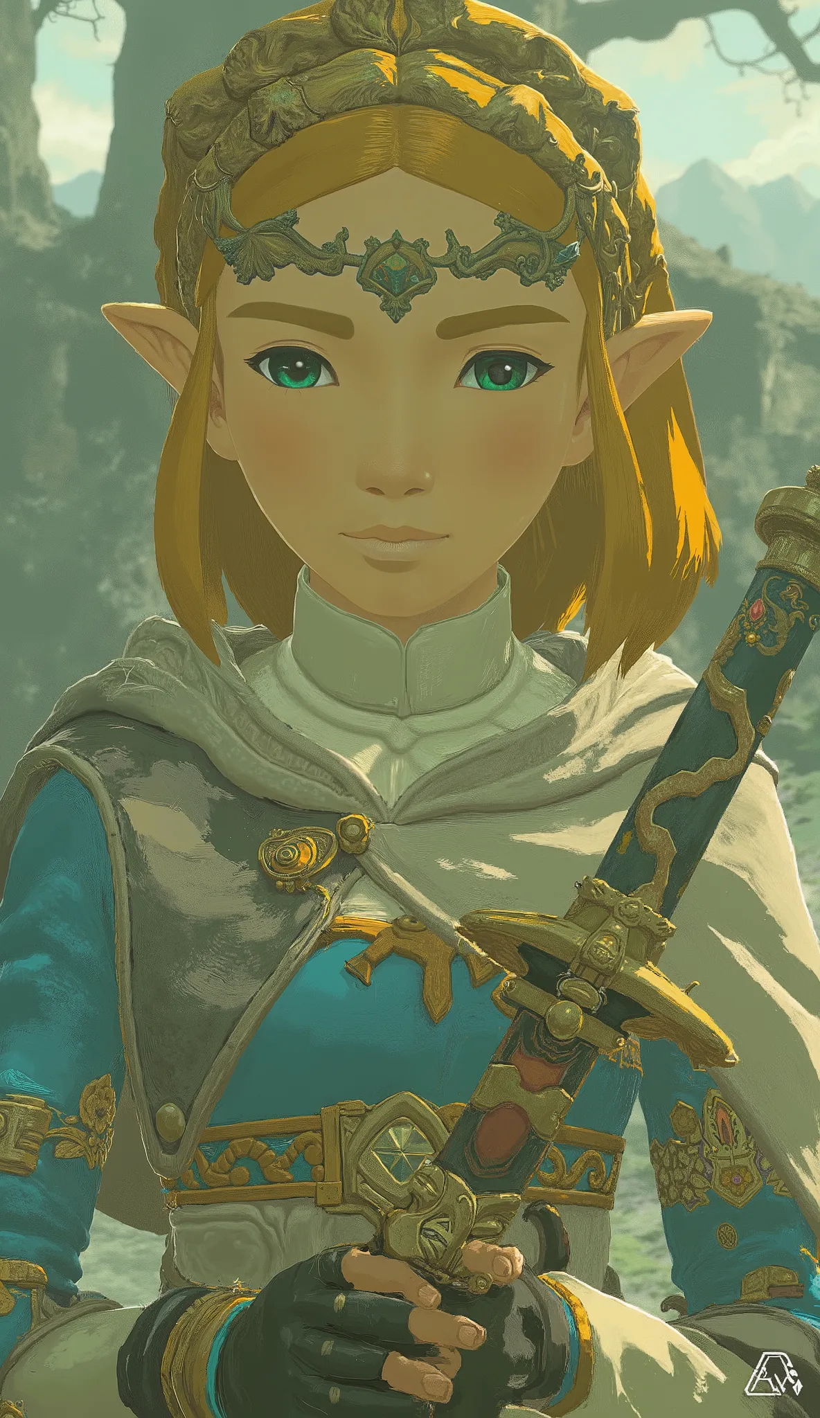 Zelda、 taken from below、Close-up photo of a woman holding a master sword, Concept art by Kieran Yanner, CG Societyでトレンド, Art Nouveau, Zelda OTW, OTW style, Zelda, princess Zelda, Breath of the Wild Style , OTW, portrait of Zelda, Zelda with triforce, portr...