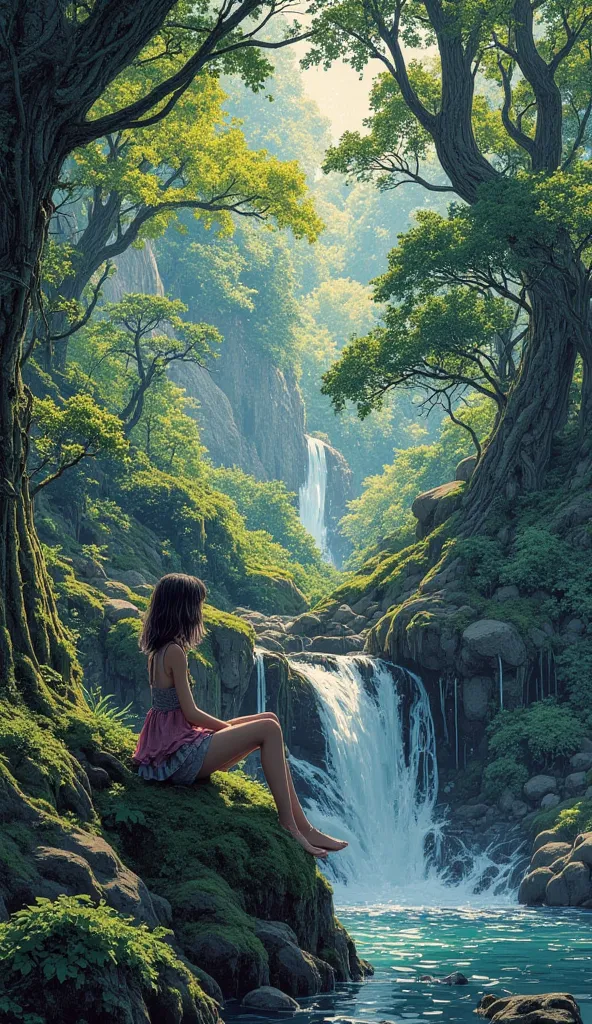 "A person sitting on a mossy rock in a dense enchanted forest, a small waterfall cascading into a quiet pond, sunlight filtering through the ancient trees, fireflies glowing softly in the distance, ethereal and meditative ambiance, ultra-realistic, cinemat...