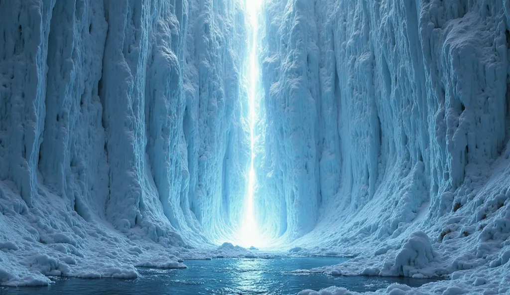 The Ice Wall Beginning to Crack Open – A deep, glowing fracture spreading through the enormous ice barrier, hinting at something about to emerge.