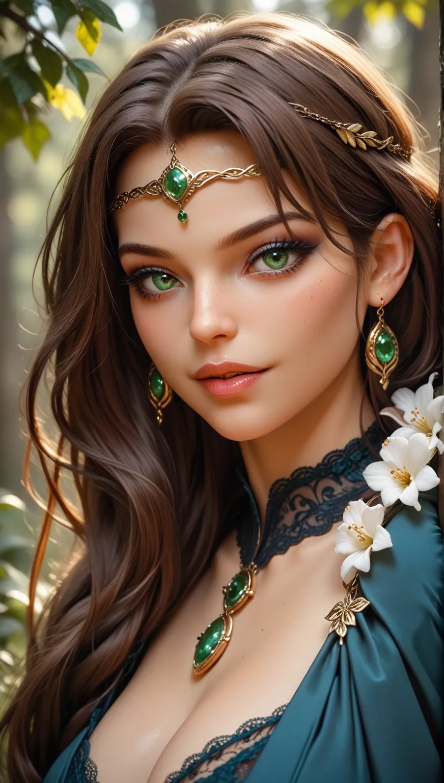  huldra,
A seductive, human-like forest spirit with long, flowing chestnut brown hair and penetrating emerald green eyes. Her face is flawless, but her back is made of rough tree bark, which hides mysteriously under her cape. Her smile is sweet , yet her n...