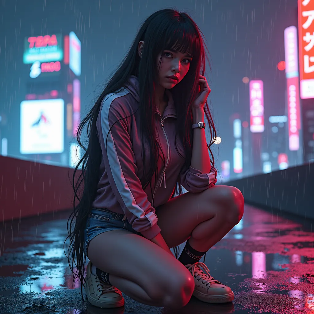 realistic photo, Cyberpunk, sci-fi, buxom woman, hair length:, long, extremely long, hair color: stripes, black, white , auburn, clothing: hooded jacket, clothing color:  glowing neon, stripes, transparent , Action: kneeling   crouching, location: rooftop,...