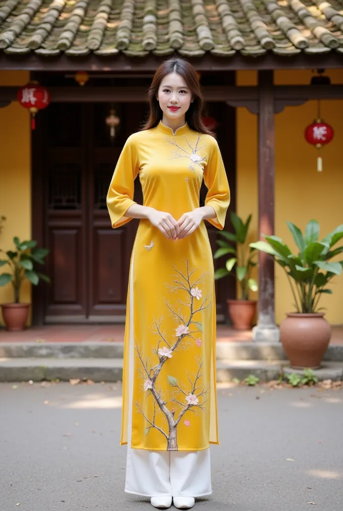 This image depicts a woman wearing a traditional Vietnamese ao dai. The ao dai is bright yellow with delicate floral and branch motifs, paired with white pants. She stands in front of a traditional house with a yellow background, an old tiled roof, and sur...