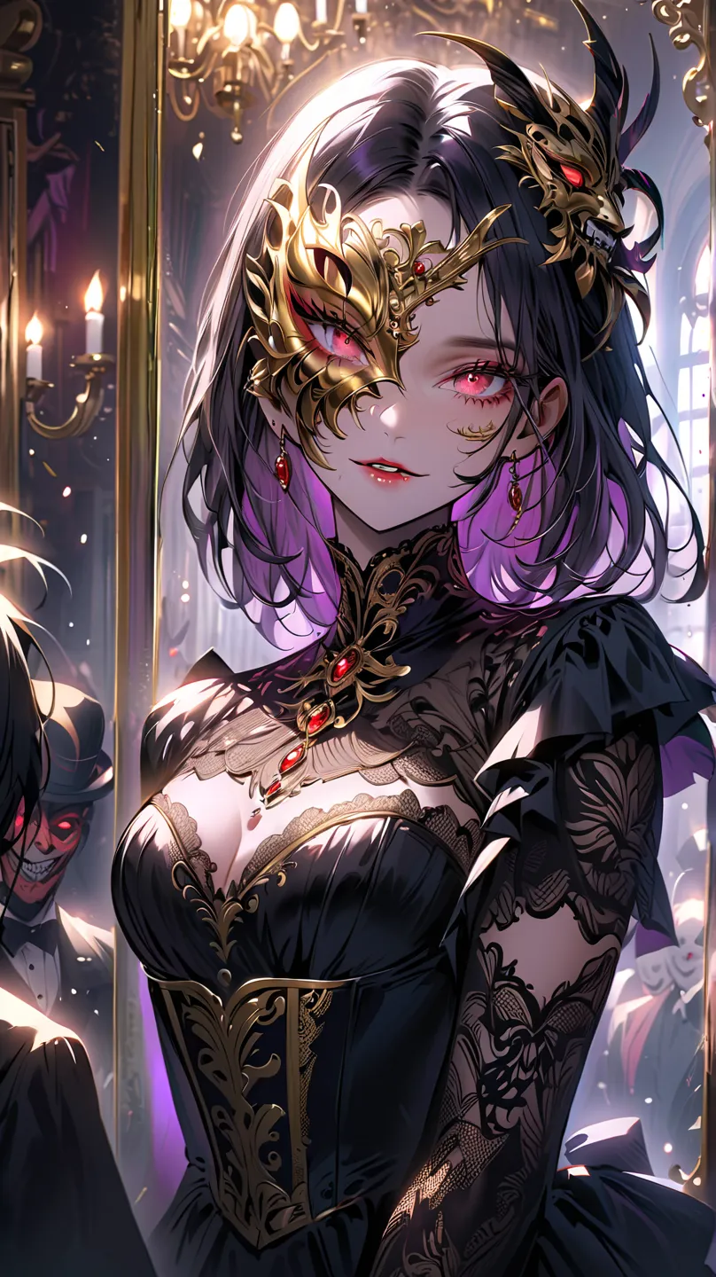 Beautiful illustration, close up of a woman's faceAn extravagant masquerade ball in a grand Victorian hall, filled with elegantly dressed guests and golden chandeliers. A stunning woman in a black and gold corset dress dances gracefully, wearing an intrica...