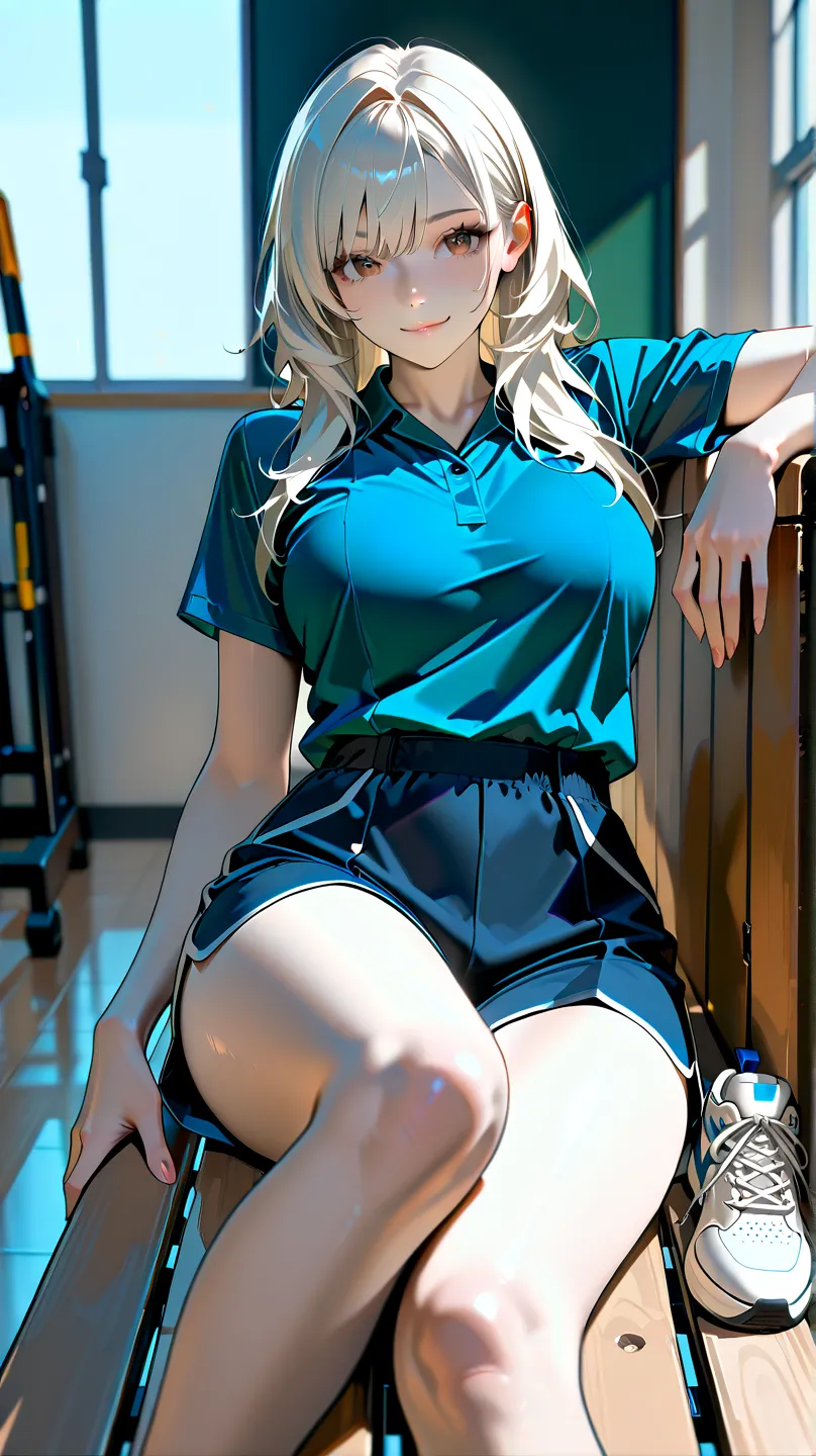 (best quality, highres, masterpiece:1.2), ultra-detailed, realistic:1.37, white-haired woman, school, tall, brown eyes, fair skin, elegant, confident smile, wearing a blue short sleeve polo shirt and gym shorts, sneakers, standing, gym background    reclin...