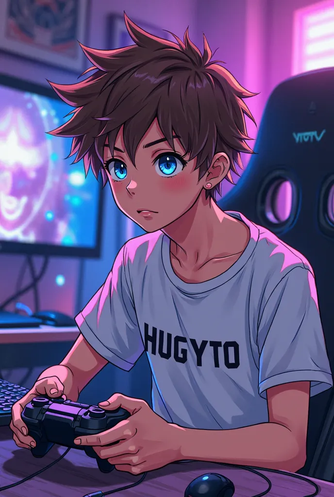 Crée moi dans un style manga un ado cheveux brun au yeux bleu qui joue au jeux video dans son setup qu’il y ai marqué Hugyto sur son t-shirt je veux des couleur violette et bleu 

