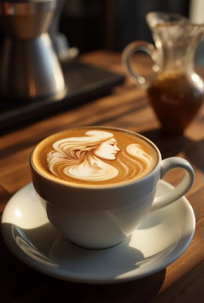 (best quality, 128k,highres,masterpiece:1.2),ultra-detailed,(realistic,photorealistic,photo-realistic:1.37), ((masterpiece)) ((photography)) ((Highest quality)) A cup of creamy latte with an intricate latte art design depicting a beautiful ethereal spirit....