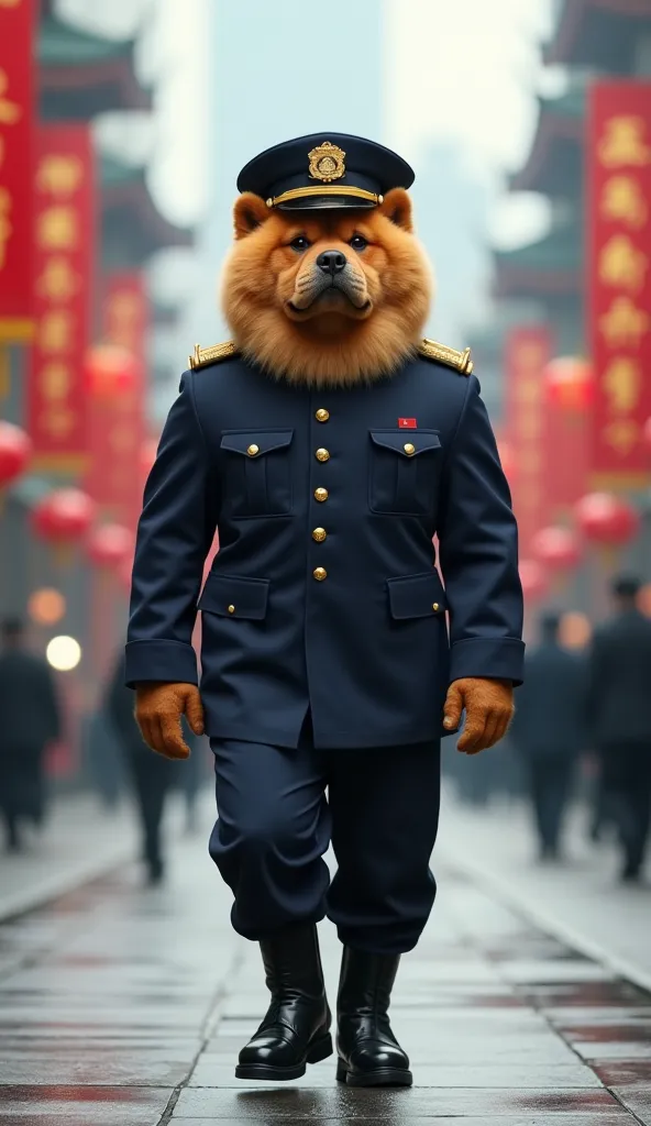 A full-body image of a humanoid Chow Chow with a strong, compact build, walking towards the camera in a Chinese police uniform. It wears a dark navy-blue uniform with golden epaulettes, a high-collared jacket with Chinese police insignia, matching trousers...