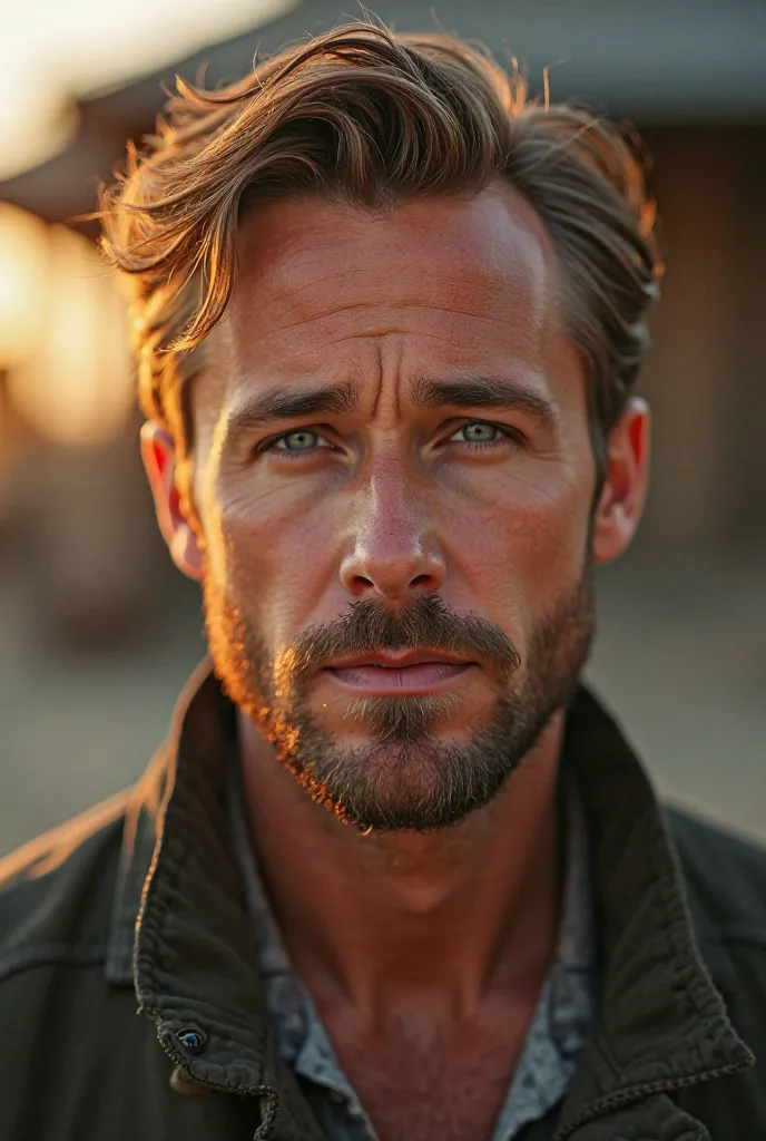 ryan gosling, close up portrait, handsome man, charming facial features, piercing eyes, rugged jawline, chiseled cheekbones, light stubble, confident expression, relaxed posture, casual clothing, outdoor setting, golden hour lighting, cinematic atmosphere,...