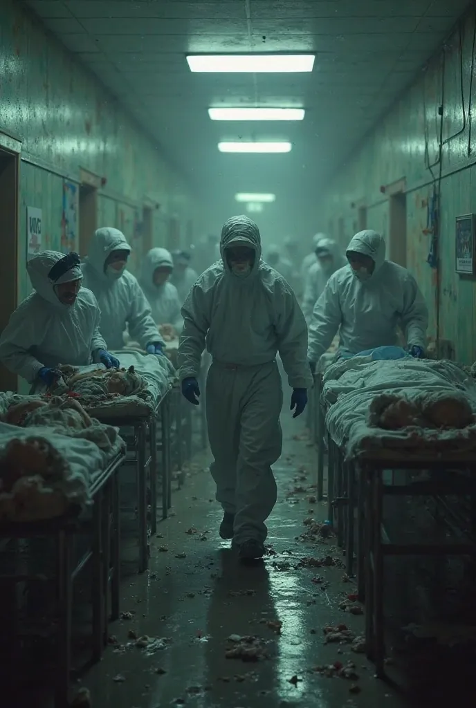 A hospital overwhelmed with patients suffering from a biological weapon, medical staff in hazmat suits, scenes of desperation, suffering, and death, detailed, cinematic