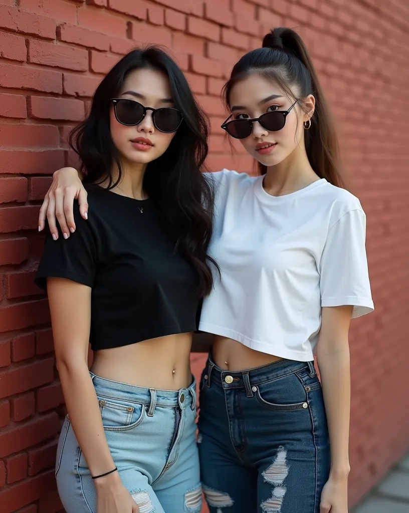 A hyper-realistic image of a two fashionable young women posing against a rustic red brick wall. The women on the left has a 24-year-old with a heart-shaped face, long black hair. It has a smooth and slightly wavy texture, delicate bright skin with smooth ...