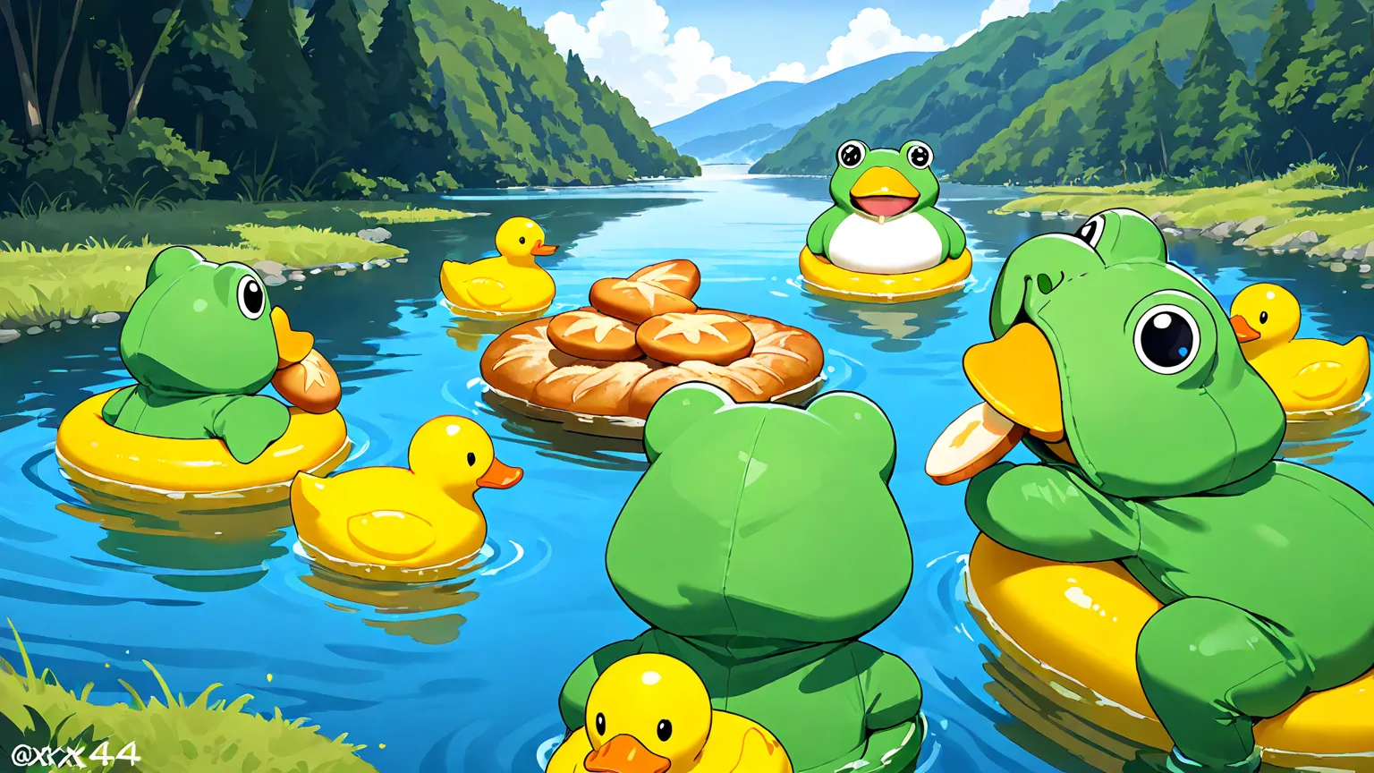 3x4 image two yellow ducks in a plush frog costume,  body yellow , only the hood is visible from the suit, ducks swim in a blue lake, and eat bread