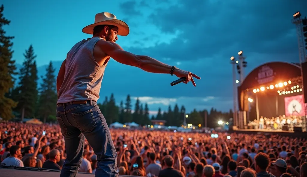 A country music singer is performing live on an outdoor stage during dusk. He is wearing a straw cowboy hat, a gray sleeveless tank top, and blue jeans, exuding a rugged and energetic presence. Holding a microphone in his right hand, he leans forward, exte...