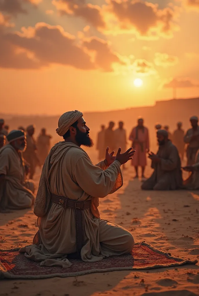 As the sun begins to set, the Muslims gather in a quiet moment of gratitude. Prophet Muhammad (PBUH) kneels in prayer, his hands lifted to the sky in thanks to Allah. His companions, some covered in dust and sweat, bow their heads in silent reflection. In ...