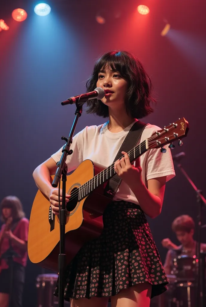 A girl in her 20s, in a concert of her own with guitar in her hands, she has tanned skin tone with double eyelid eyes with short black wavy hair, guitar in her hands with co ords skirt infront of crowd 