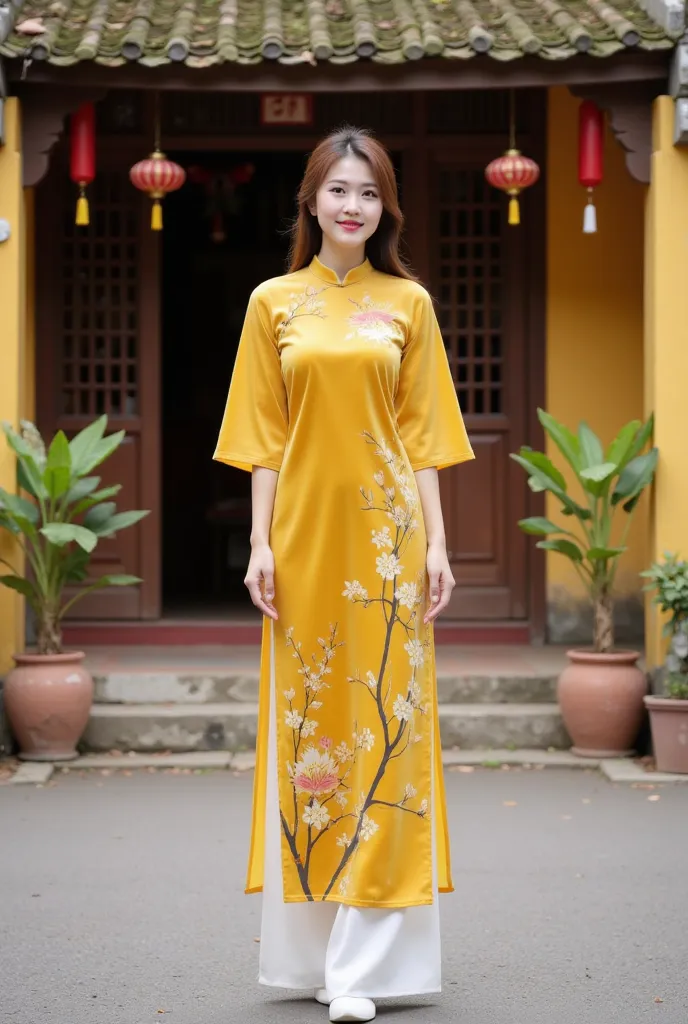 This image depicts a woman wearing a traditional Vietnamese ao dai. The ao dai is bright yellow with delicate floral and branch motifs, paired with white pants. She stands in front of a traditional house with a yellow background, an old tiled roof, and sur...