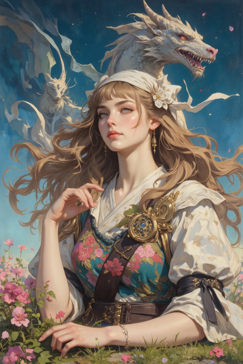 fantasy, The character in the painting , illustration, Detailed, Young ，fantasy藝術 , Her pink eyes sparkle with unyielding determination ， contrasted with her pale skin  。Survive ， Extraordinary desolation  fantasy concept art of  cinematic film still manga...