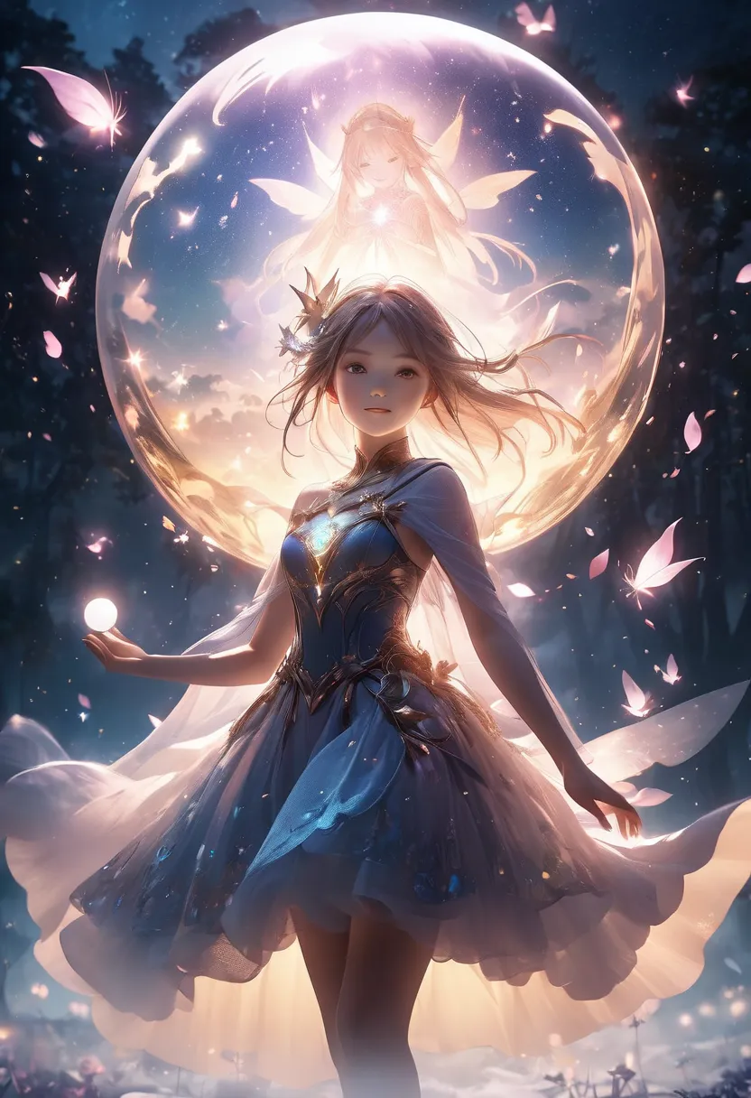 Mysterious night sky shrouded in fog　（double exposure silhouette: 1.2), Star Fairies Floating Gracefully,  Detailed Fantasy Characters , floating petal,  Glowing Orb , Magical Atmosphere,  Aether Lighting , Brilliant Color, Cinematic composition, dreamlike...