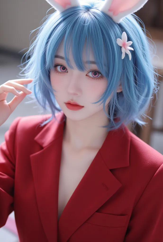 Red suit　bunny girl　Blue Hair　pink eyes
