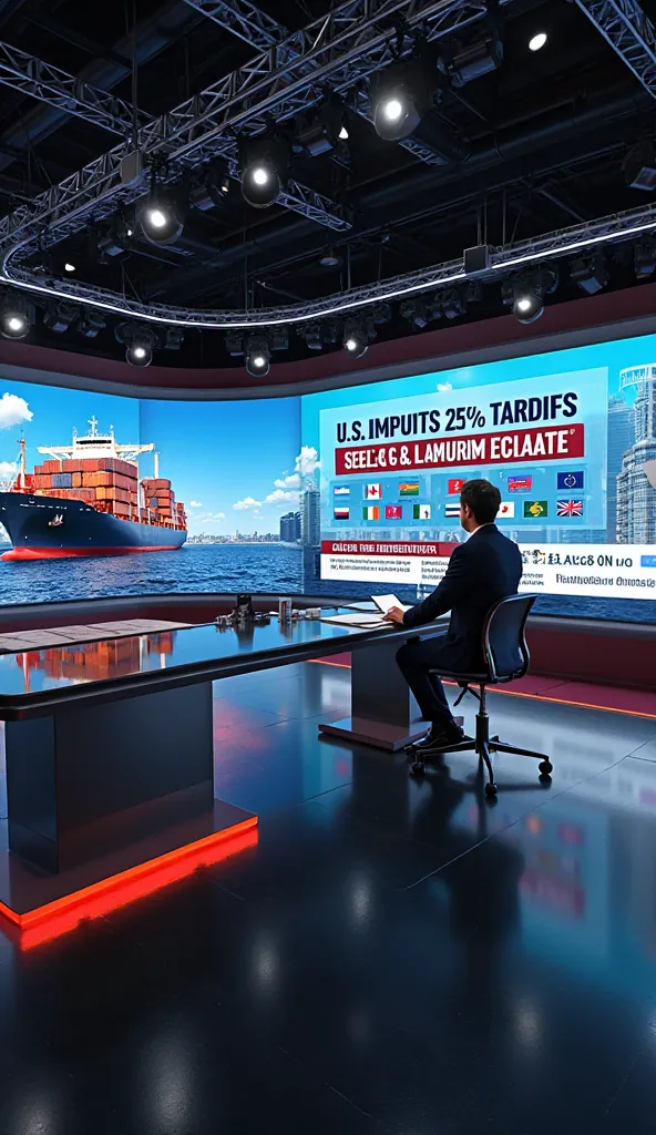 A highly detailed, semi-realistic digital news broadcast reporting on the United States imposing new 25% tariffs on steel and aluminum, affecting multiple countries. The newsroom is sleek and modern, with a professional news anchor sitting at a high-tech d...