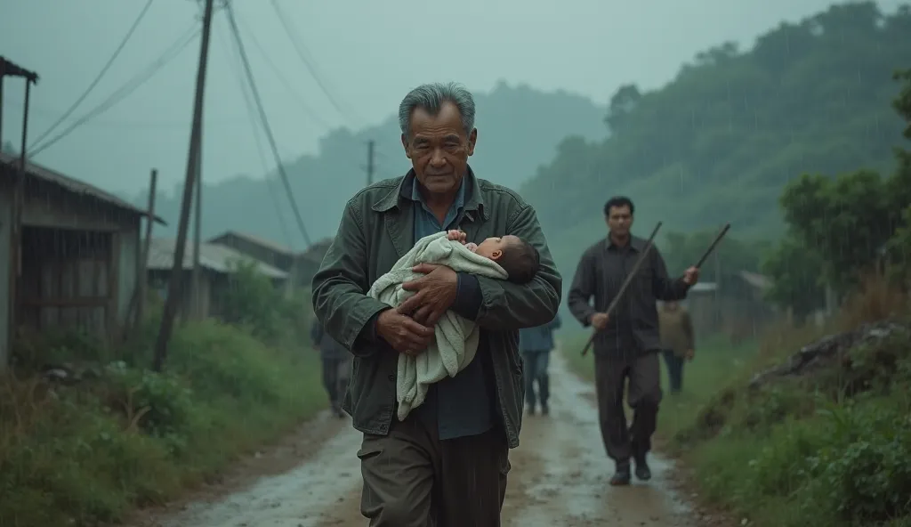 A dramatic, moving scene with heavy rain falling and fierce winds howling. Mr. Hung, a man in his 50s, walks with heavy steps on the dirt road leading out of the village, holding a newborn baby tightly in his arms. His expression is resolute, filled with d...