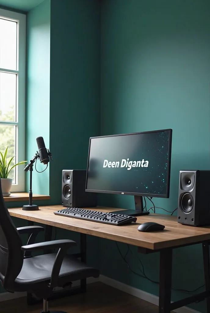 "A modern and aesthetic workspace setup with a wooden desk. A widescreen monitor displays the text 'Deen Diganta'. The room has a soft and peaceful ambiance with a blue-green color scheme. Natural sunlight streams in through a large window, casting a gentl...