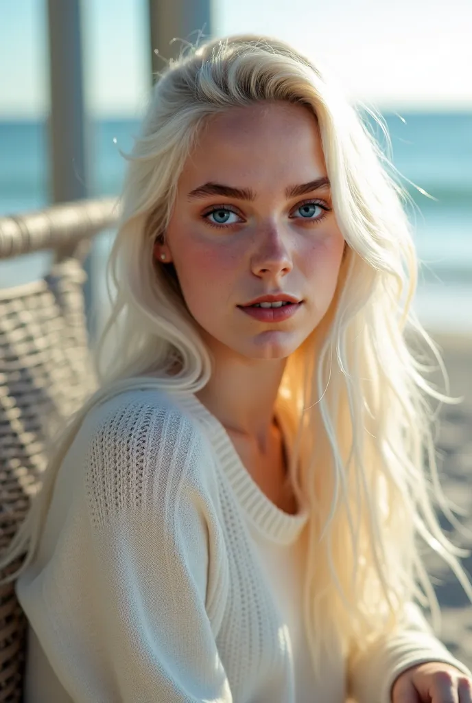 A highly detailed, photorealistic portrait of a young woman with long, silky white hair and blue eyes. She has fair skin with natural lighting that enhances her features. She is wearing a cozy white sweater, sitting by a chair with soft sunlight streaming ...