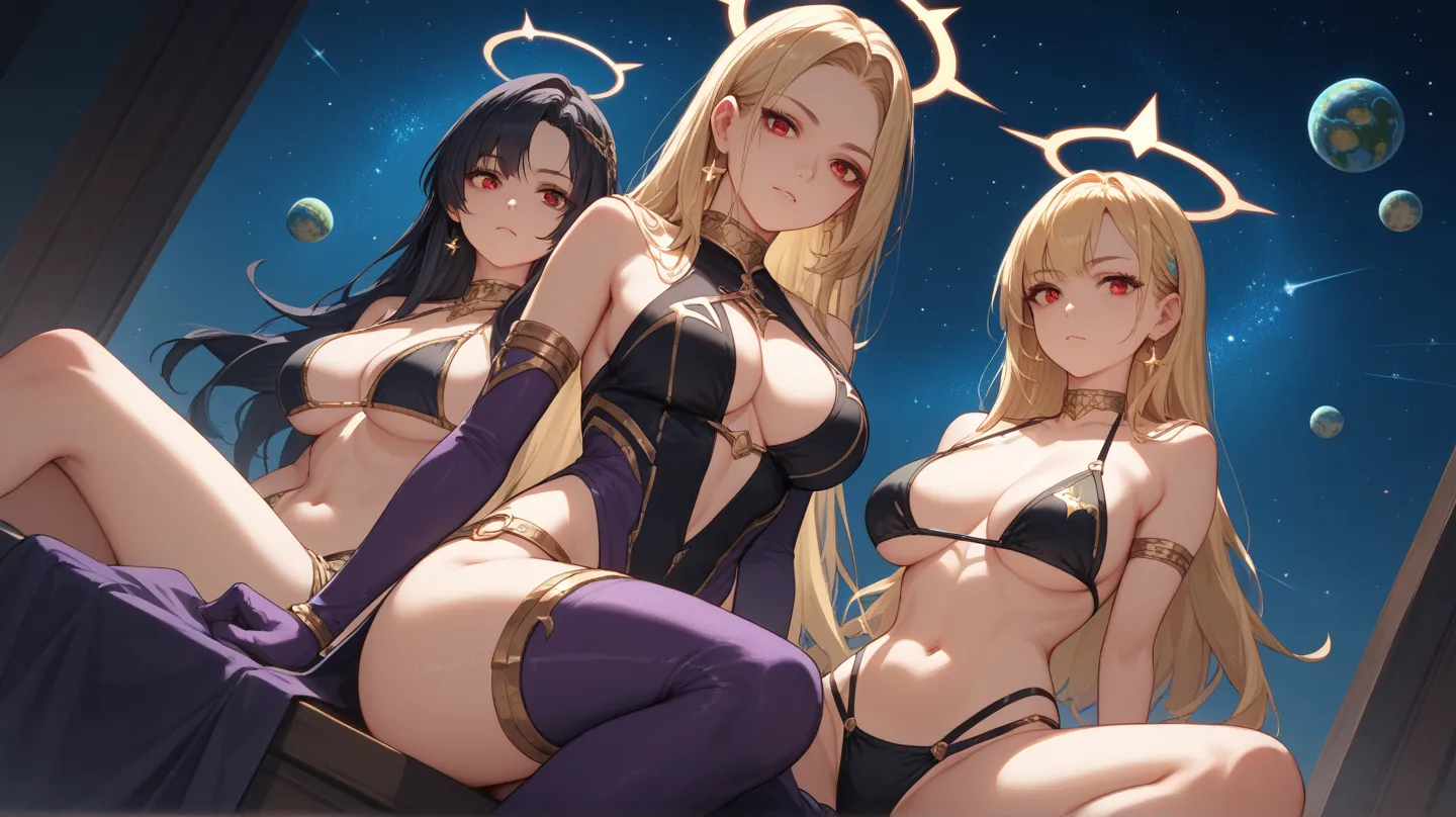 A digital illustration shoot from a close-up camera angle about a provocative scene featuring three female characters in a provocative pose against a starry night sky backdrop. the image also shows a hetero scene with a focus on the characters' curves and ...