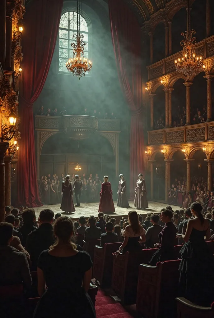 "A grand, gothic-style theater in the 18th-19th century, dimly lit by flickering candle chandeliers and gas lamps. The architecture is ornate, with dark wooden balconies, heavy crimson velvet curtains, and intricate golden detailing. The atmosphere is heav...