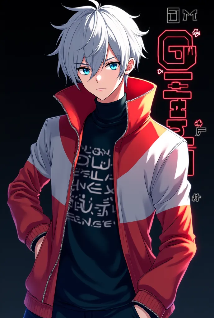 "A confident anime-style age male character standing with a strong posture. He has short, glowing white hair and striking blue eyes. He wears a black face cap (facing sideways completely) and a high-collared jacket that is 70% red and 30% white, designed w...