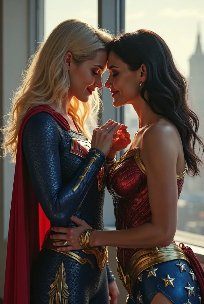 The two superheroines are shown in the photo、DC character Supergirl makes a heart mark with her hands with the DC character Wonder Woman, UHD photo　Realistic and Authentic、Attractive, Provocative Expressions and Smiles, Supergirl Style Superhero Vibes、wear...