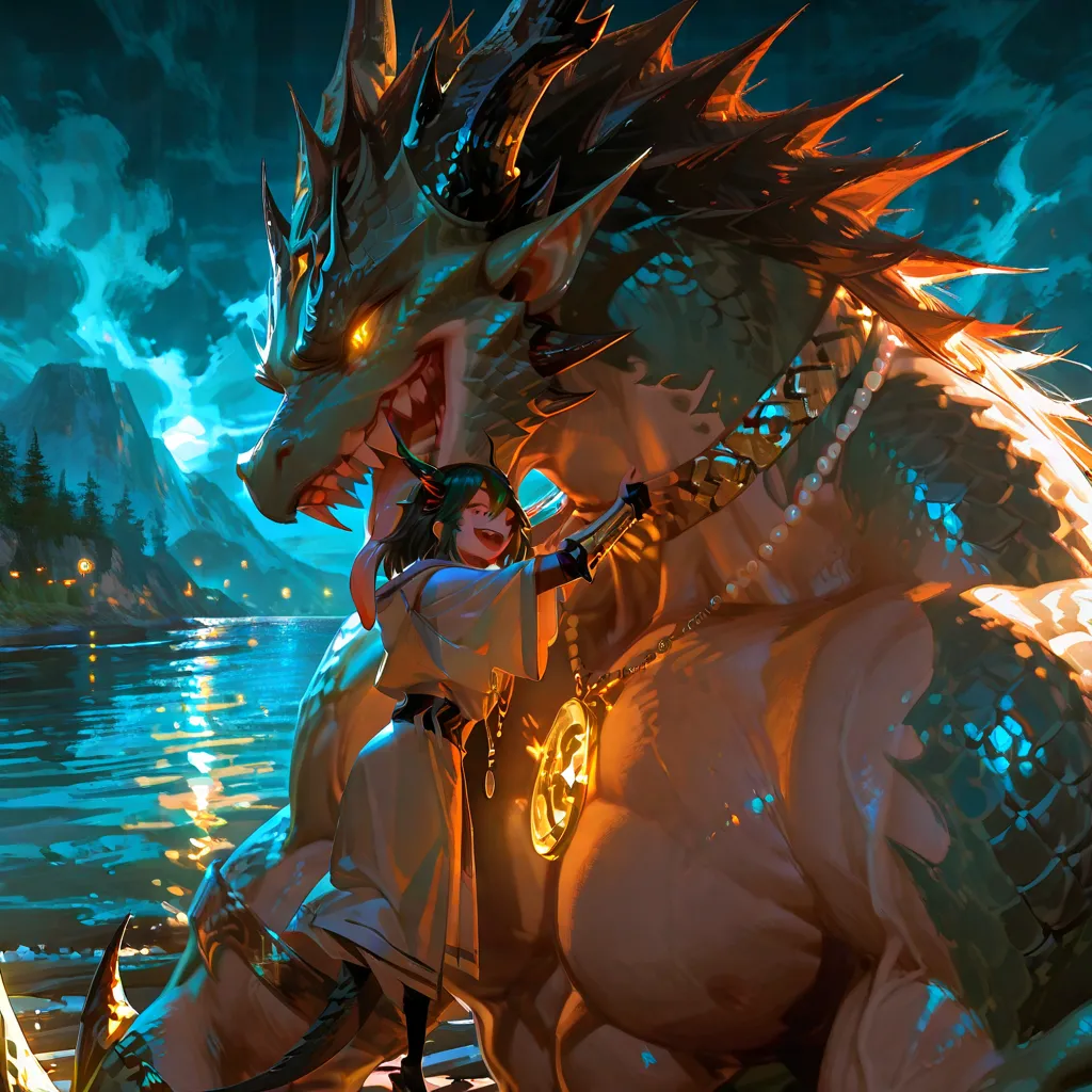 ((stunning)), ((dramatic lighting)), ((cinematic)). (chunie style). 2boys.  ( anthro).  claws. , male focus..  moaning, happy, .  ((dragon)), ((muscular,  scales, horns, tongue out, sharp teeth, )), ((gold glowing eyes)). (lake, night time). detailed, in f...