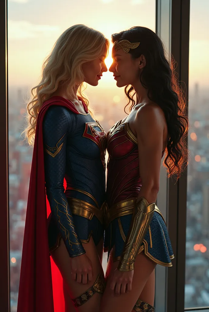 The two superheroines are shown in the photo、DC character Supergirl makes a heart mark using her whole body with DC character Wonder Woman, UHD photo　Realistic and Authentic、Attractive, Provocative Expressions and Smiles, Supergirl Style Superhero Vibes、we...