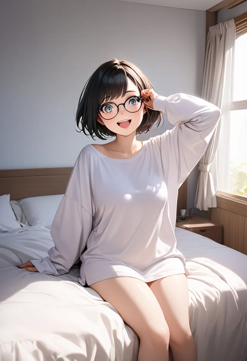 RAWphoto,photorealistic,8k16k,best quality,perfect anatomy,perfect detailed,ultra highres, extremely detailed eyes and face,gleaming skin,shiny skin,1girl,young,Japanese,black short hair,pixie cut, (wearing glasses:1.3),(parted bangs,forehead:1.2),round fa...