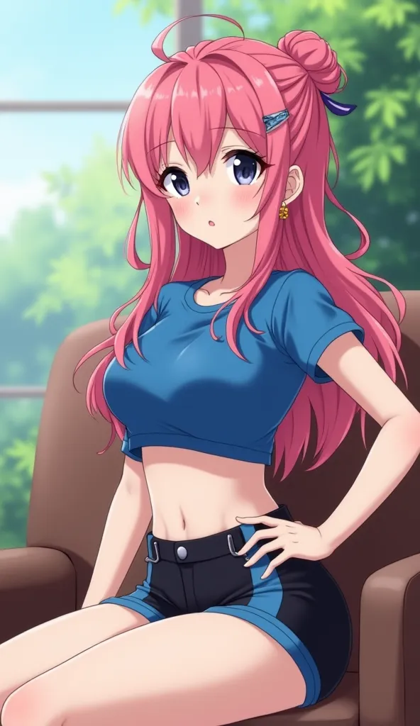 Anime, a lady wearing a blue tight short sleeved crop top and a matching black and blue short, she's an idol. her hair is pink long and wavy but tied in a bun, adorned with earrings. her eyes are black, and has an eyeliner. she's about 18 to 20 years of ag...