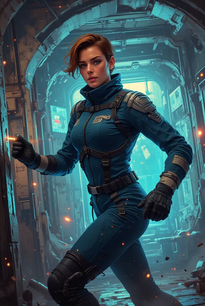 Title: "Nastya Petrov: Cadet of the Eurasian Corporation"

Description:

Create a dynamic and detailed illustration of Nastya Petrov, a 20-year-old cadet from the Eurasian Corporation's Space Academy. The scene should capture her in a moment of determinati...