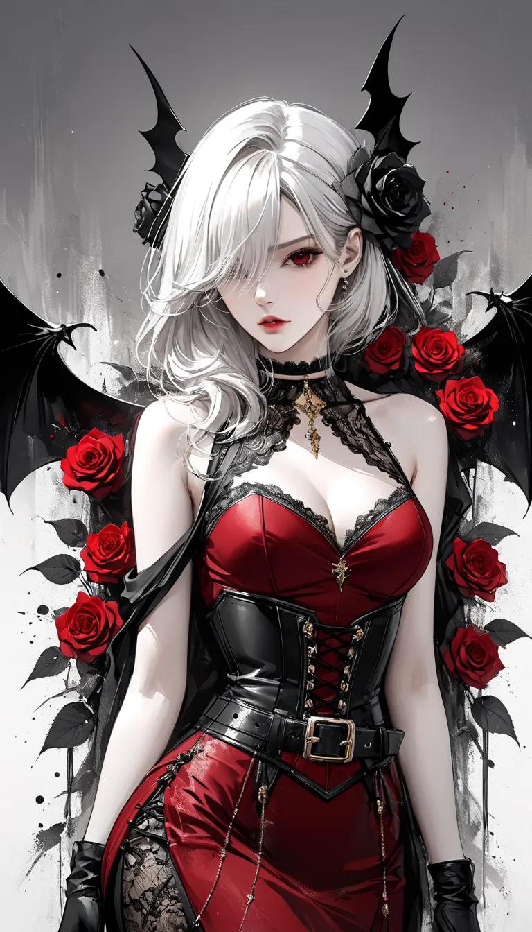 Neo-noir futuristic art style, waist-up, well proportioned body, semi-realistic anime-style of an elegant vampire woman, European Woman, aged 23, looking straight at viewer. Her long, silky and messy white hair flows freely over her shoulders without any t...