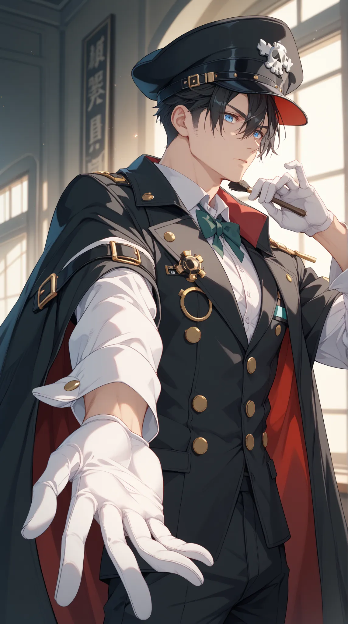 Guilty Gear､anime､Handsome man､ has poor eyesight､blue eyes､ dark hair､Hair that hides one eye､center part that holds the brush､Levi Ackerman's face､wearing a black student hat､wearing a black military uniform cape {x} wearing a black student scarf､wearing...